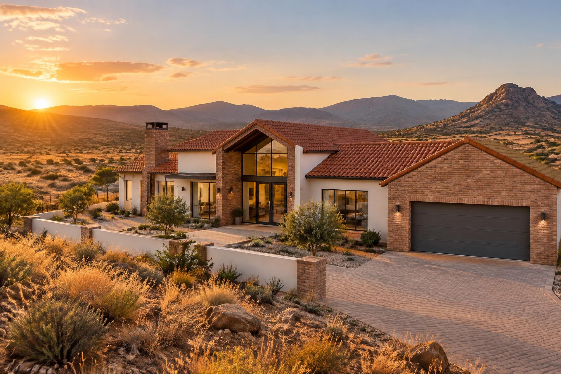 A newly completed home built by HWT Boukontrakteurs against the Oudtshoorn landscape at golden hour